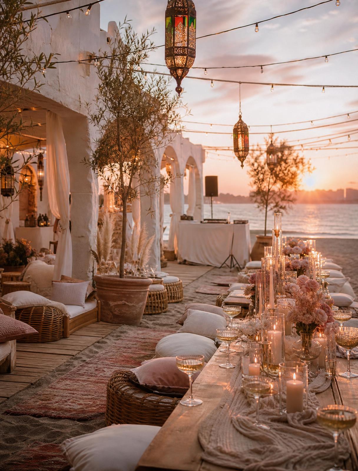 Golden hour beach set with champagne, roses and candles by the ocean